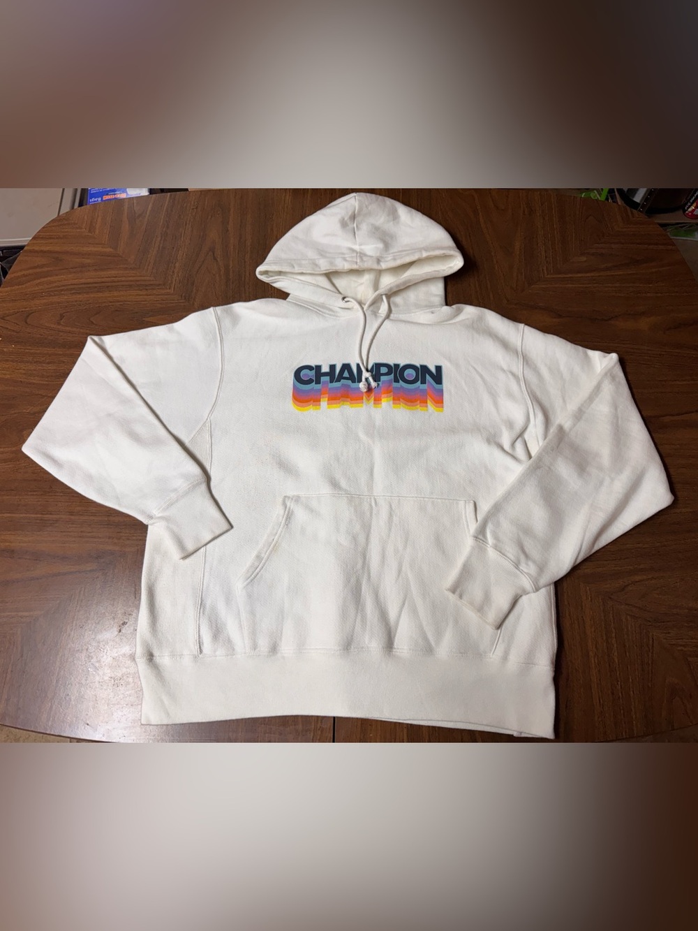 Champion Reverse Weave Cream Pullover with Multicolor Rainbow Logo